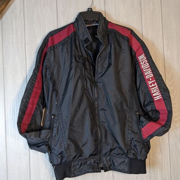 VTG Harley Davidson Black Wind Jacket Zip Up Spell Out Down The Arm SZ XL - Picture 1 of 8